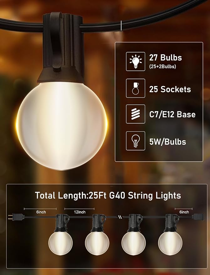 25FT Frosted White Lights G40 Globe Outdoor String Lights Patio Lights - Image 2
