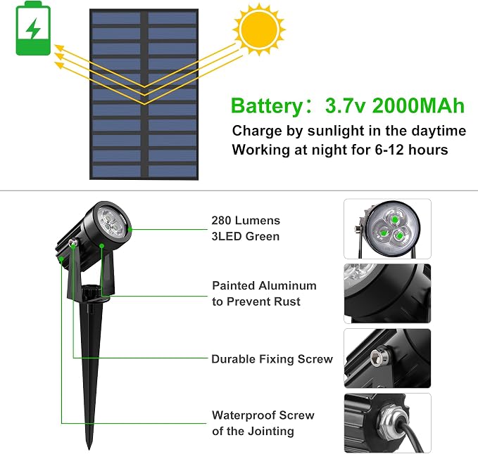 Green Solar Spot Lights Outdoor, 2 Pack Solar Landscape Spotlights IP65 - Image 3