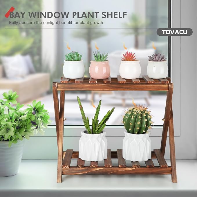 Small Plant Stand Indoor 2 Tier Table Top Flower Succulent Stand Desk Wood - Image 3