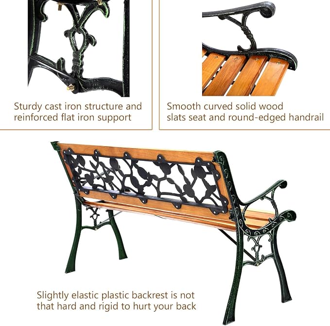 Giantex 50'' Patio Park Garden Bench, Outdoor Furniture Rose Cast Iron Hardwood - Image 5