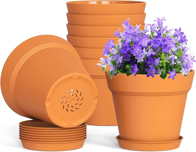 4 Inch Plastic Plant Pots with Drainage Holes and Trays – 8 Pack Small Nursery by WSMKSZ