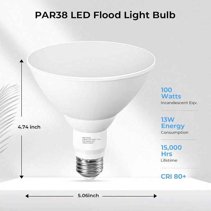 10 Pack PAR38 LED Flood Light Bulbs Outdoor, 100W Equivalent, Daylight White - Image 2