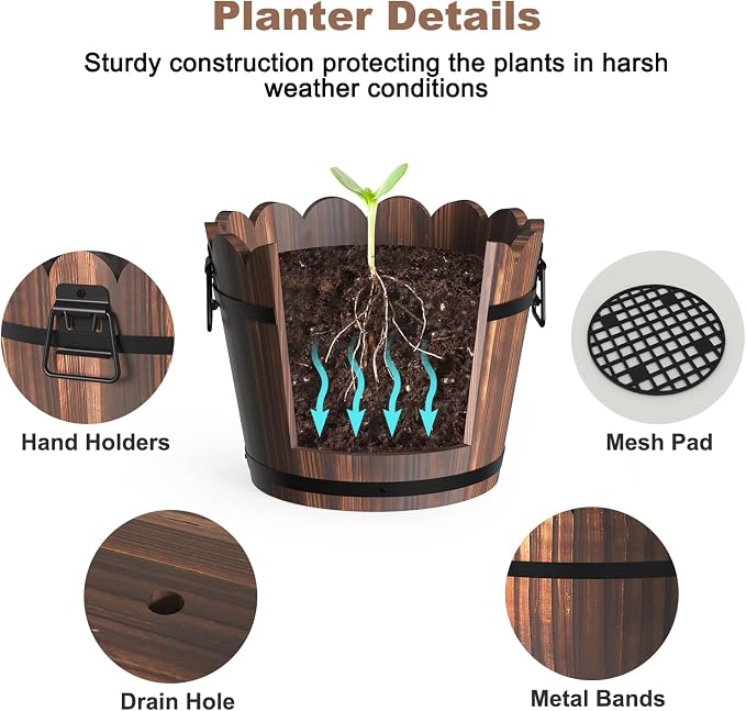 Wooden Bucket Barrel Planters, Rustic Patio Planters Flower Pots - Image 4