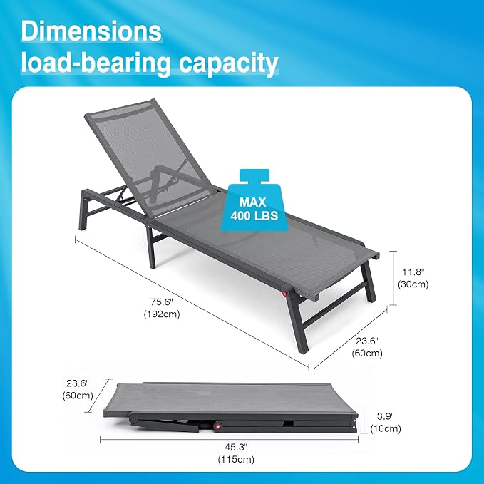 Aluminum Chaise Lounge Chair Outdoor, Foldable Patio Lounge Chair 2 Sets - Image 3