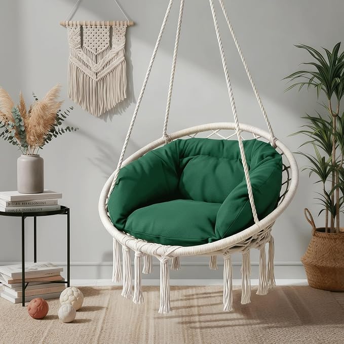 Monibloom Hanging Hammock Chair w/Dark Green Cushion, Porch Macrame Swing Chair - Image 6