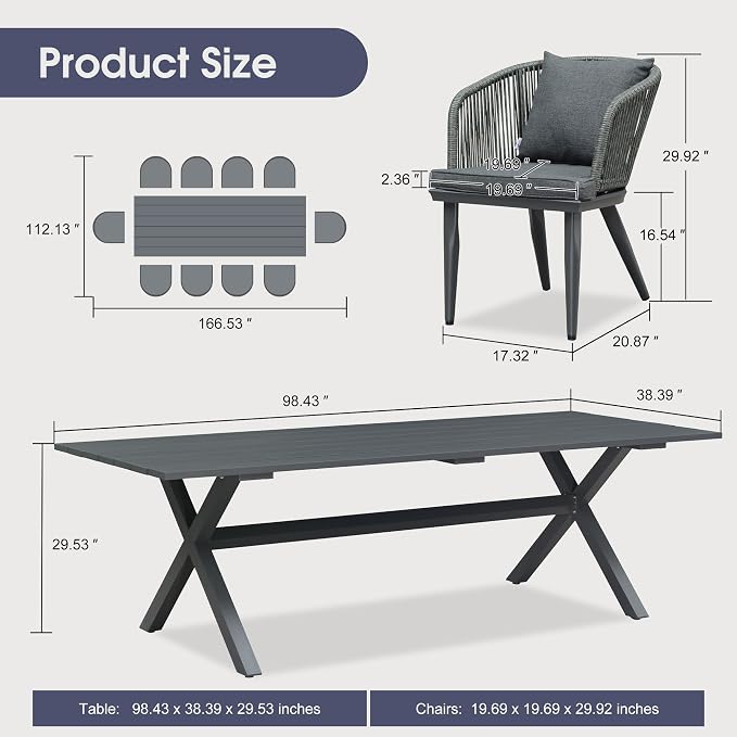 PURPLE LEAF 11 Pieces Patio Dining Set Wicker Outdoor Furniture Rectangular - Image 8
