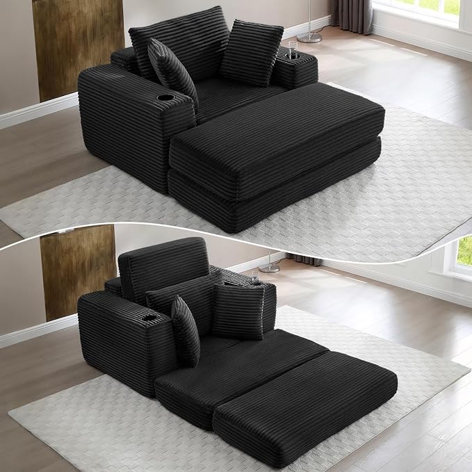 HANXIN 62" Chaise Lounge Chair Indoor, Oversized Corduroy Boneless Convertible by HANXIN
