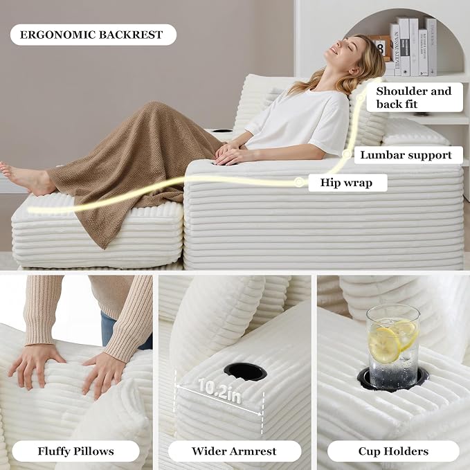HANXIN 62" Chaise Lounge Chair Indoor, Oversized Corduroy Boneless Convertible - Image 5