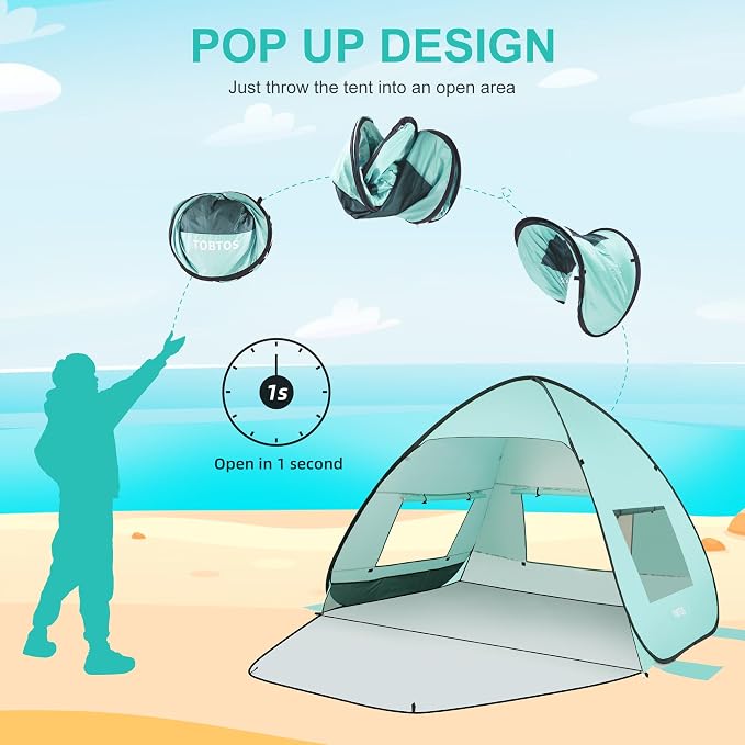 TOBTOS UPF 50+ Pop Up Beach Tent, Easy Set Up Beach Umbrella, Sun Shelter - Image 5