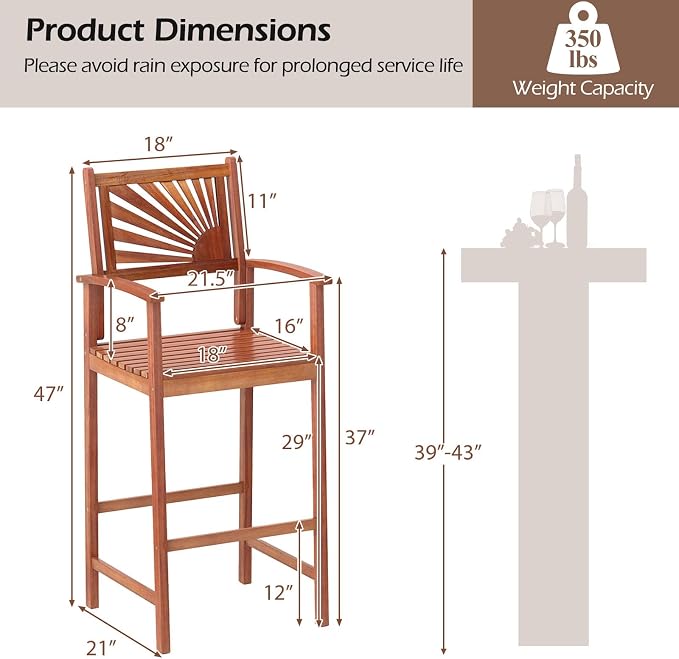 COSTWAY Outdoor Bar Chairs Set of 4, Armrest and Footrest, Patio High Top Chairs - Image 2