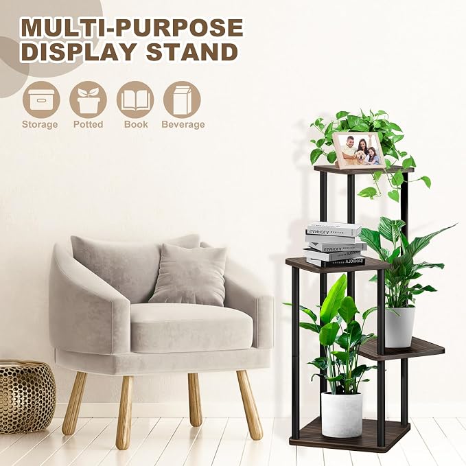 4 Tier Plant Stand Indoor, Thickened Metal Wood Corner Plant Shelf Stands - Image 3