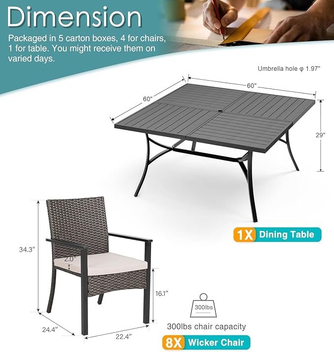 PHI VILLA 9 Pieces Square Outdoor Dining Table Set - Image 9
