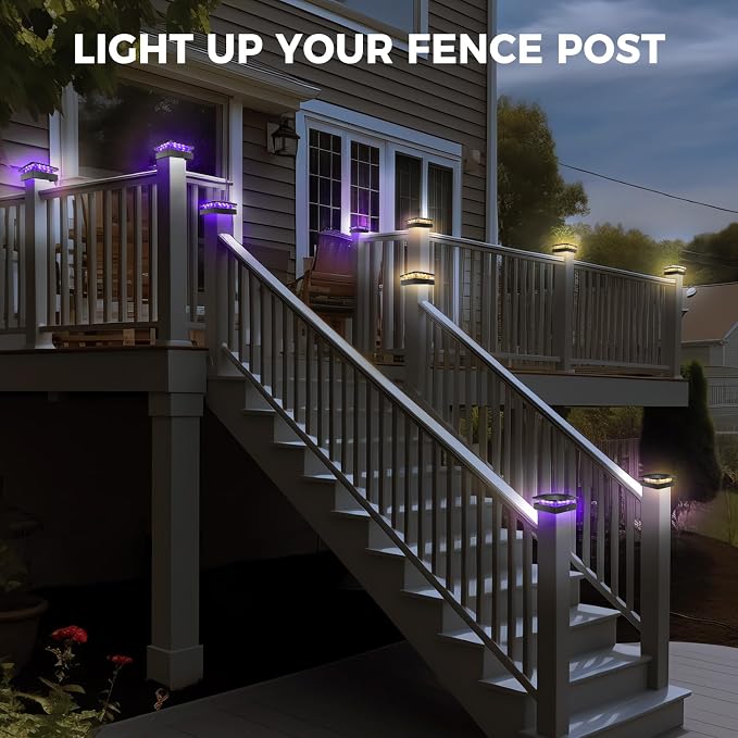 Peasur 4x4 Solar Post Lights Outdoor, 4 Packs Purple & Warm White LED Fence - Image 7