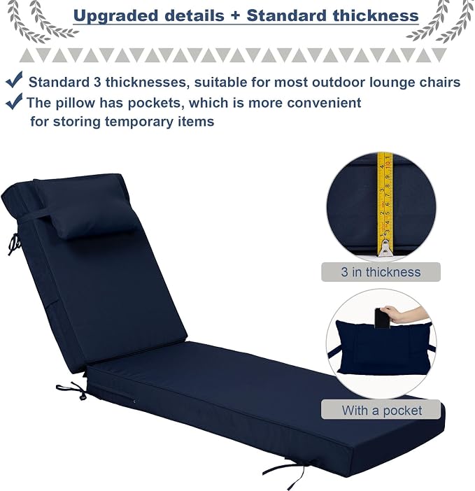 Outdoor Chaise Lounge Cushions Set of 2, Waterproof Fade Resistant Patio - Image 2