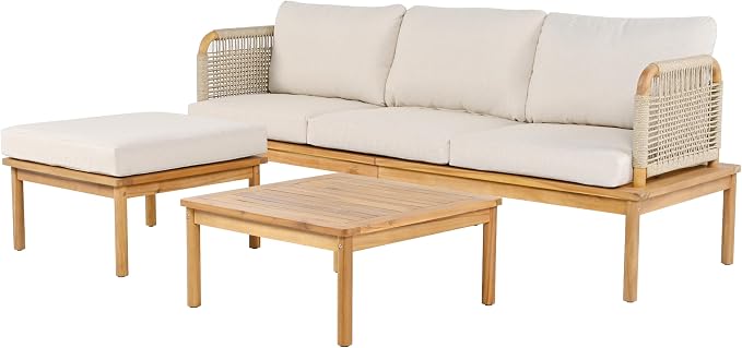 3-Piece L-Shape Outdoor Furniture Set, Outdoor Acacia Wood and Rope Patio Sofa - Image 5