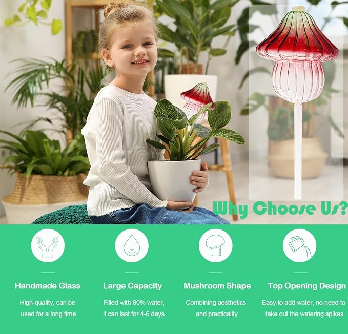 4 PCS Glass Mushroom Plant Watering Globes, 230 ML Large Self Watering Planter - Image 3