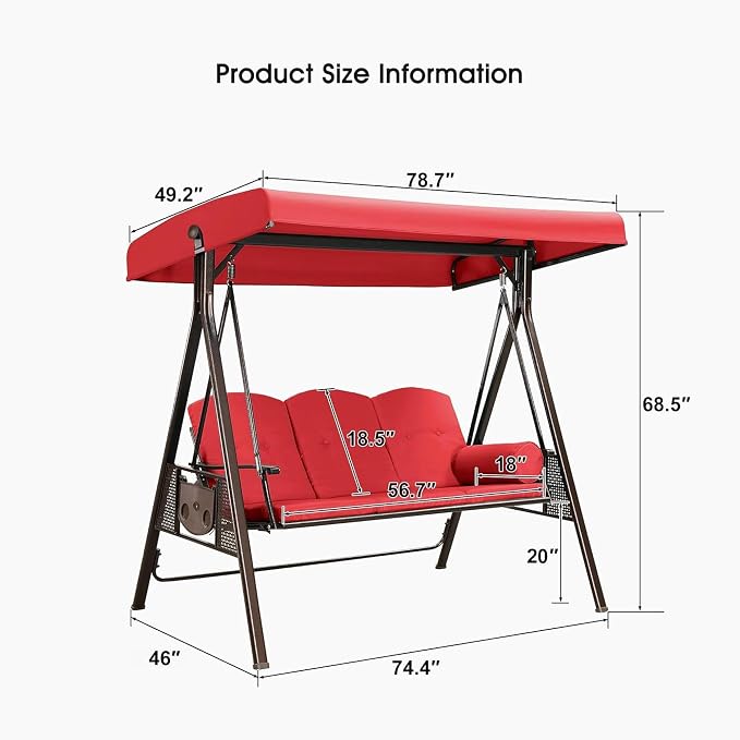 PURPLE LEAF 3-Seat Deluxe Outdoor Patio Porch Swing - Image 7