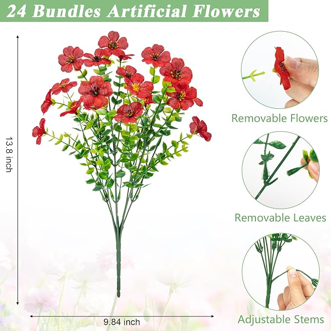 Bassion Artificial Flowers for Outdoors, 24 Bundles UV Resistant Fake Flowers - Image 3