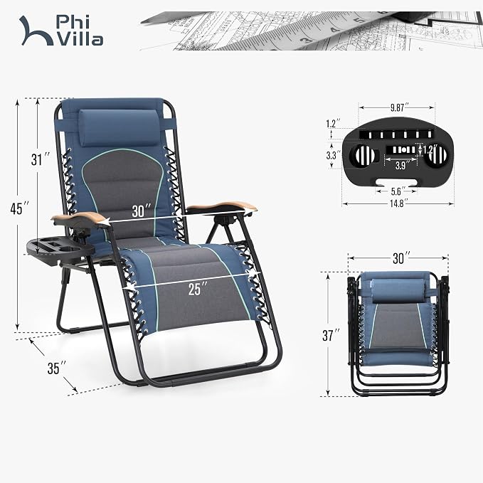 PHI VILLA XXL Oversized Padded Zero Gravity Chair Set of 2, Foldable Patio - Image 3
