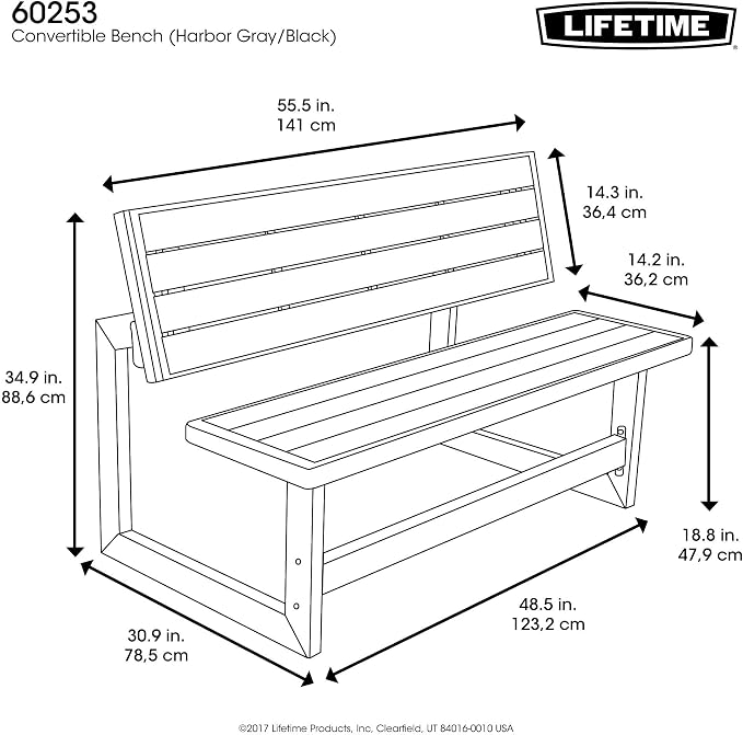 LIFETIME 60253 Outdoor Convertible Bench, 55 Inch, Harbor Gray - Image 3