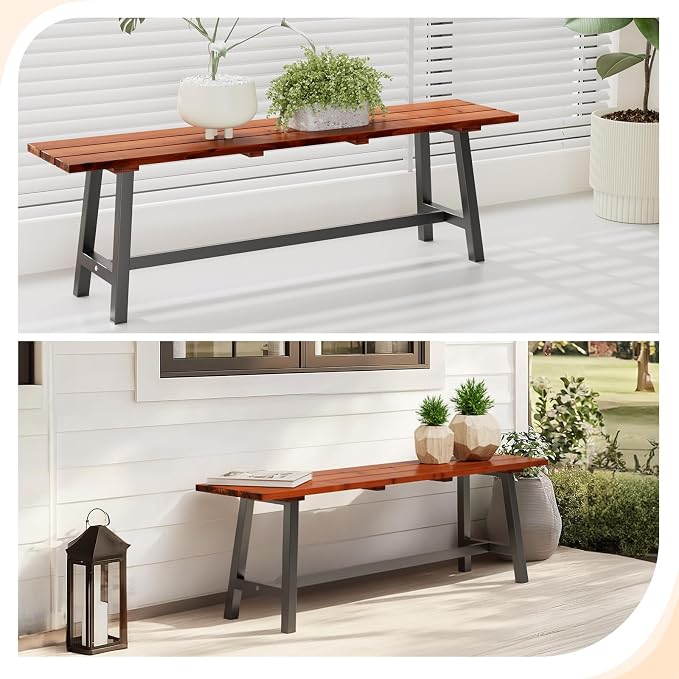 VINGLI Outdoor Wooden Bench, 45” 2-Person Backless Dining Bench, Weatherproof - Image 6