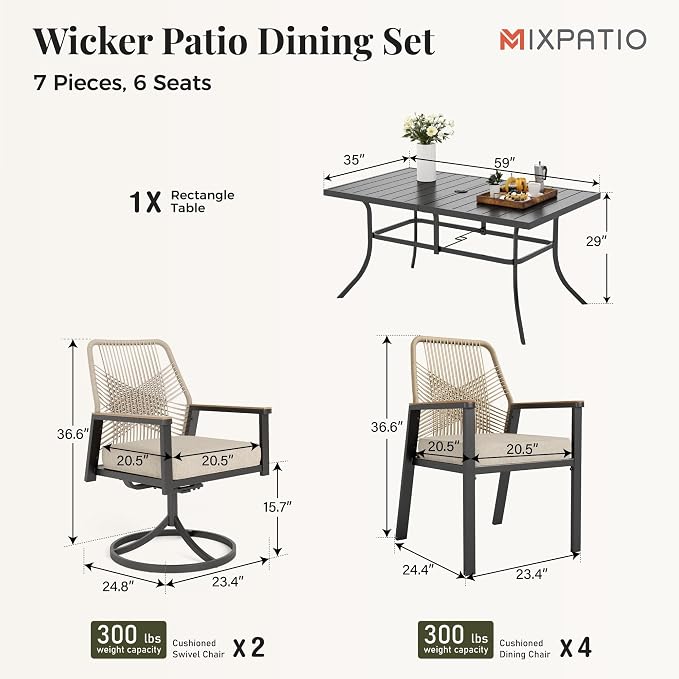 7 Pieces Outdoor Patio Dining Set, Wicker Patio Table and Chairs Set of 6 - Image 6