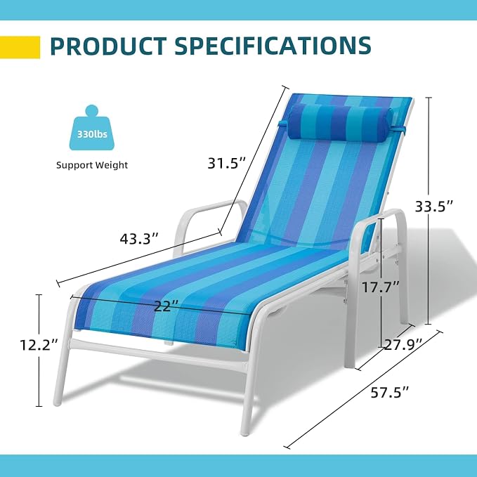 EROMMY Patio Chaise Lounge, for Beach Pool Sunbathing Lawn Lounger Recliner - Image 3