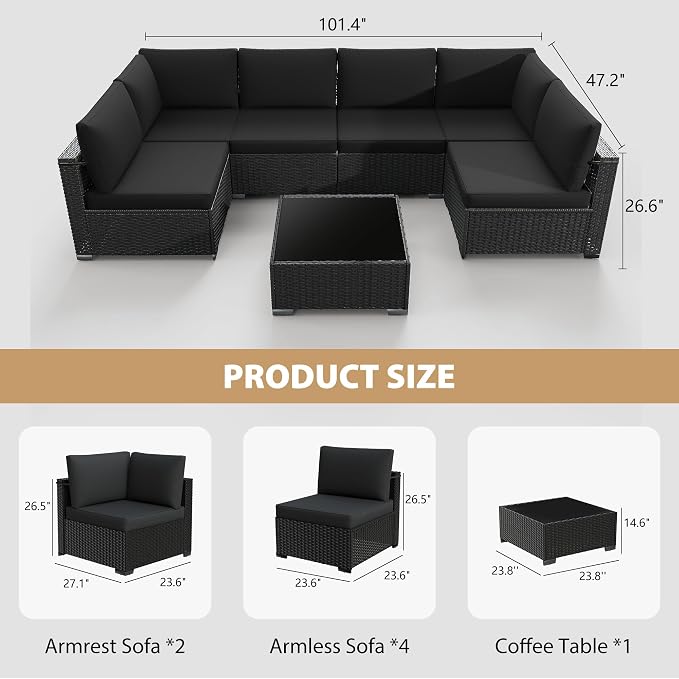 KIGOTY Patio Furniture Set, 7 Pieces Modular Outdoor Sectional Sofa, PE Rattan - Image 3