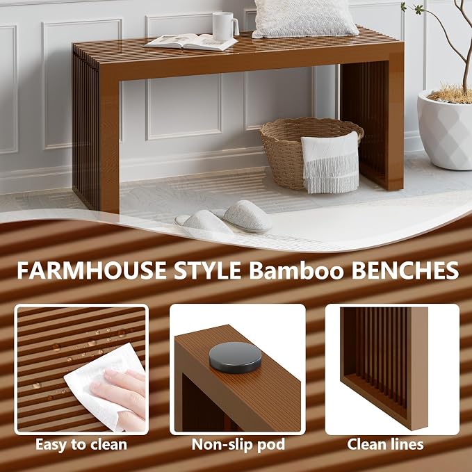 Bamboo Dining Bench Indoor Long Entryway Shoe Rack Bench, Outdoor Modern Wood - Image 3
