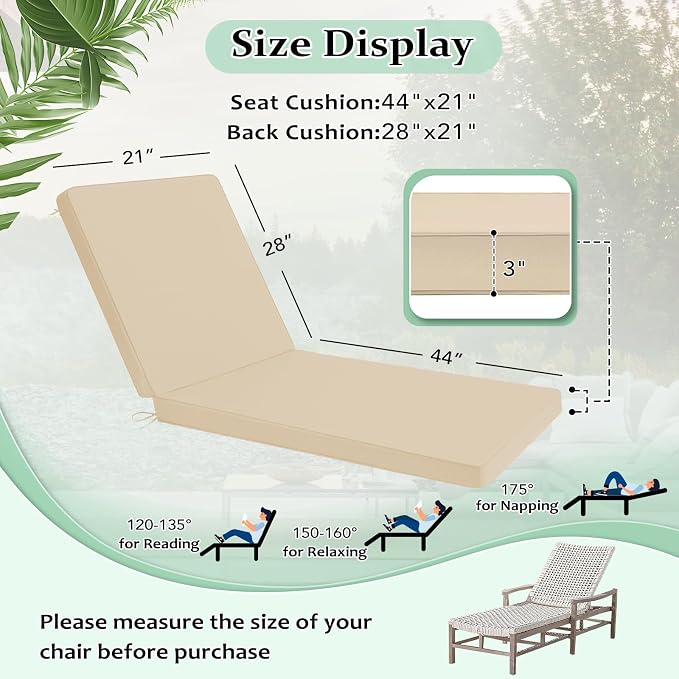 Cozyide Chaise Lounge Cushions Outdoor 72"x21"x3", Waterproof Lounge Chair - Image 6