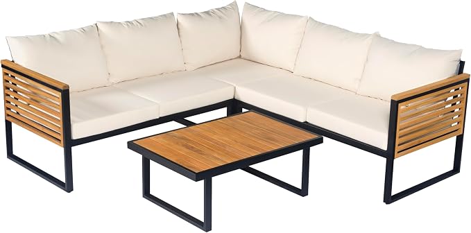 Outdoor Patio Furniture Set, 4-Piece Acacia Wood and Metal Patio Sofa Corner Set - Image 8