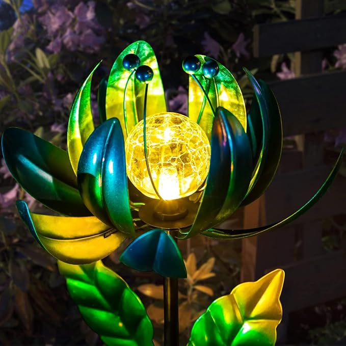 Solar Garden Lights Metal Flower Decor, Colorful Spinning Windmill Lotus - Image 2