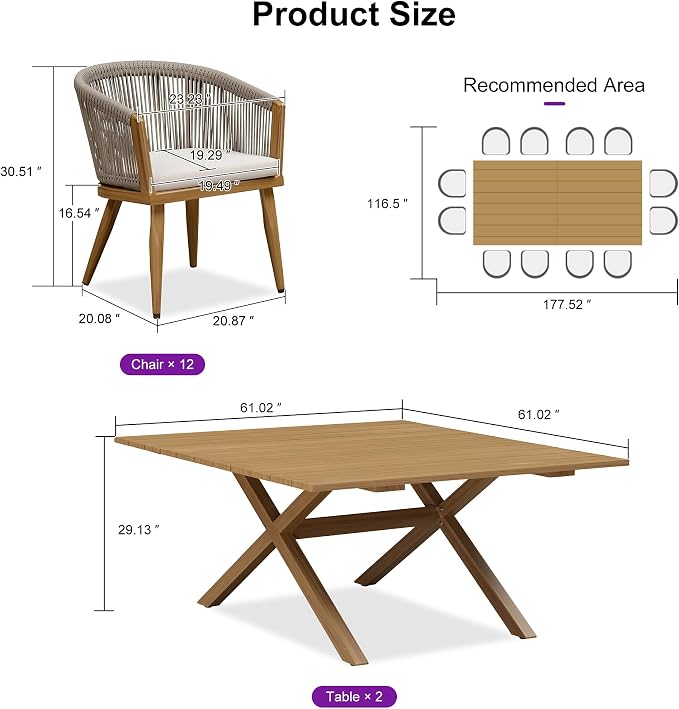 PURPLE LEAF Patio Dining Set for 12 All-Weather Wicker Woodgrain Aluminum 14 - Image 8