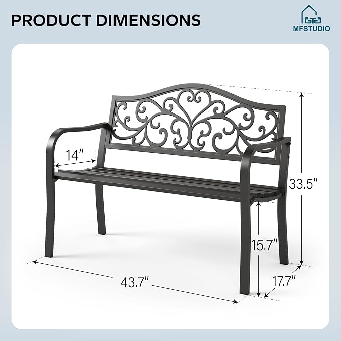 MFSTUDIO Outdoor Metal Bench Set of 2, Garden Patio 43.7 Inches Cast Iron Metal - Image 2