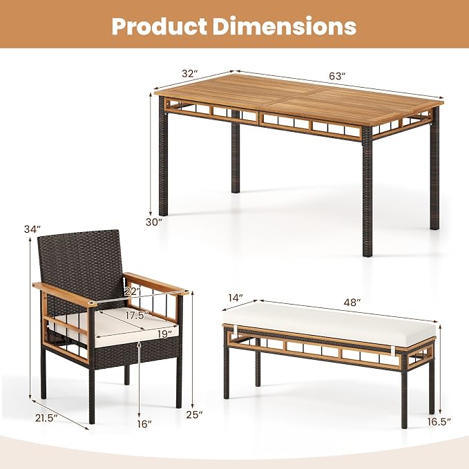 Tangkula 6 Pieces Patio Dining Table Set, Outdoor Rectangular Acacia Wood Table - Image 9