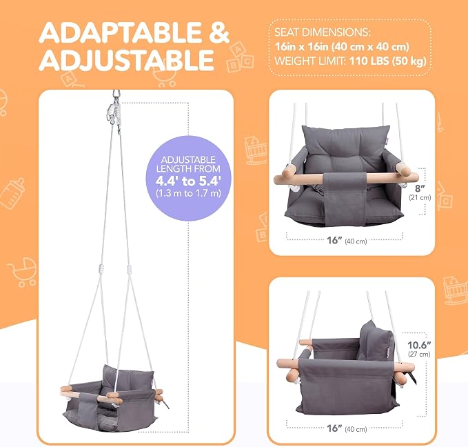 CaTeam - Canvas Baby Swing, Wooden Hanging Swing Seat Chair - Image 4