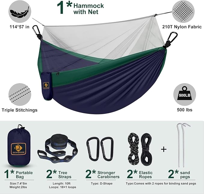 Camping Hammock with Net, Travel Portable Lightweight Hammocks with Tree Straps - Image 6
