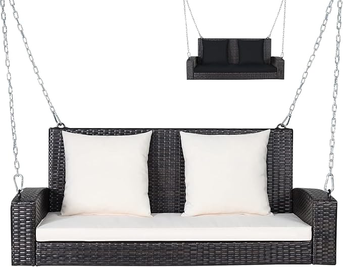 RELAX4LIFE 2-Seat Rattan Porch Swing, Wicker Outdoor Swings w/7.9 Ft Solid by RELAX4LIFE