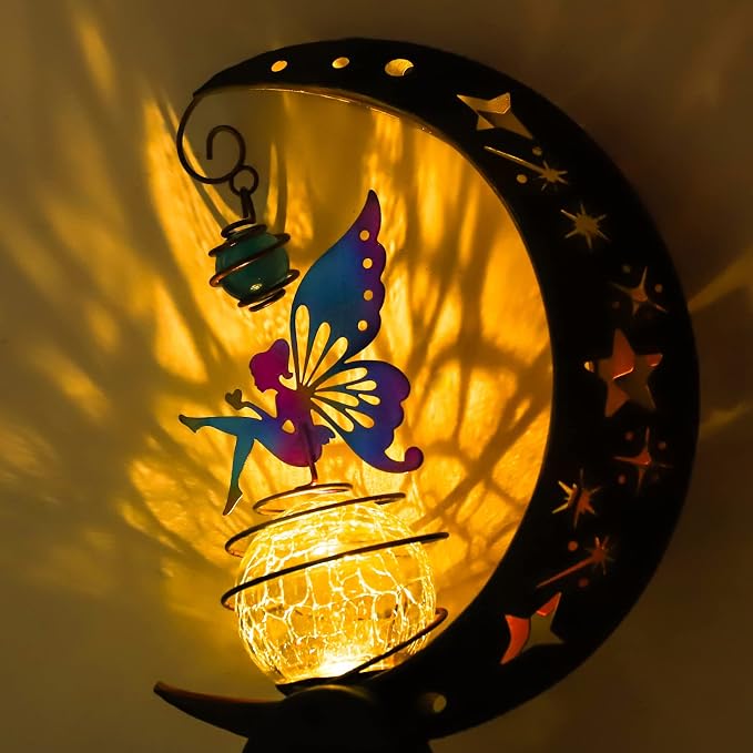 Solar Fairy Garden Light Decor, Moon Fairy Stake Lights, Crackle Glass Globe - Image 2
