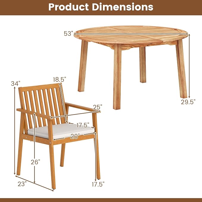 Tangkula 5 Pieces Wood Round Patio Dining Set, Outdoor Acacia Table and Chairs - Image 9