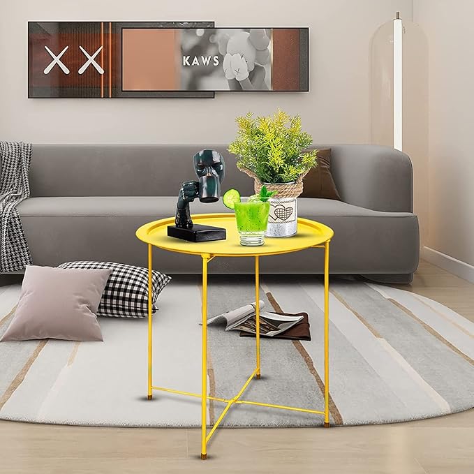 Garden 4 you End Table 2 PCS Metal Side Table Yellow Round Folding Tray Cyan - Image 7