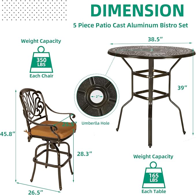 VIVIJASON 5-Piece Patio Swivel Bar Stools Set, All Weather Cast Aluminum - Image 7