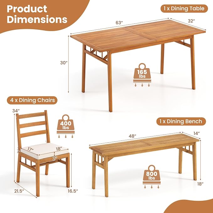 Tangkula 6 Pieces Patio Acacia Wood Dining Set, Outdoor Rectangular Table - Image 9