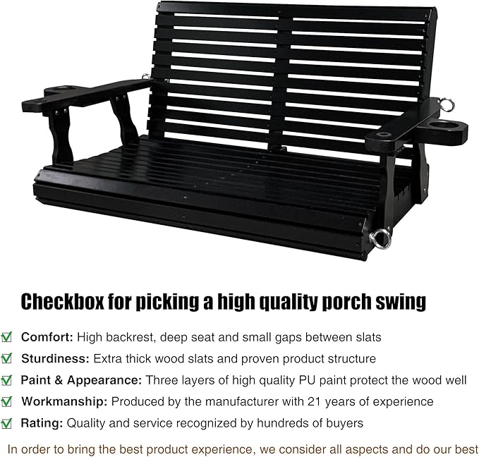 Wooden Porch Swing 2-Seater, High Backrest and Deep Seat, Bench Swing - Image 3