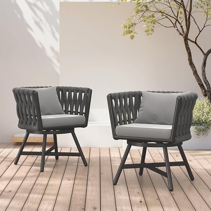 Grand patio Swivel Rope Wicker Chairs Set of 2, Patio Dining Chairs by GrandPatio