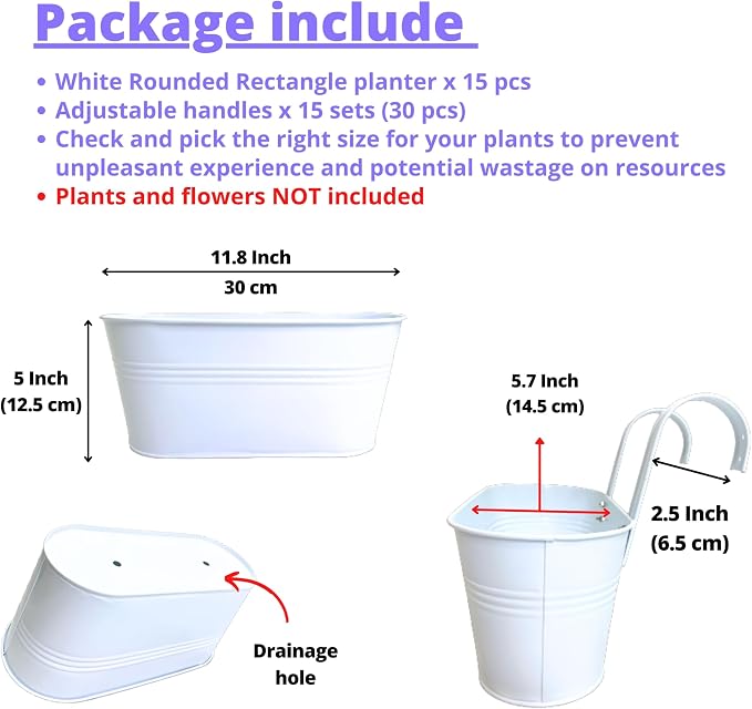LaLaGreen Planter Boxes Outdoor White Metal Iron Hanging Flower Pots Deck - Image 2