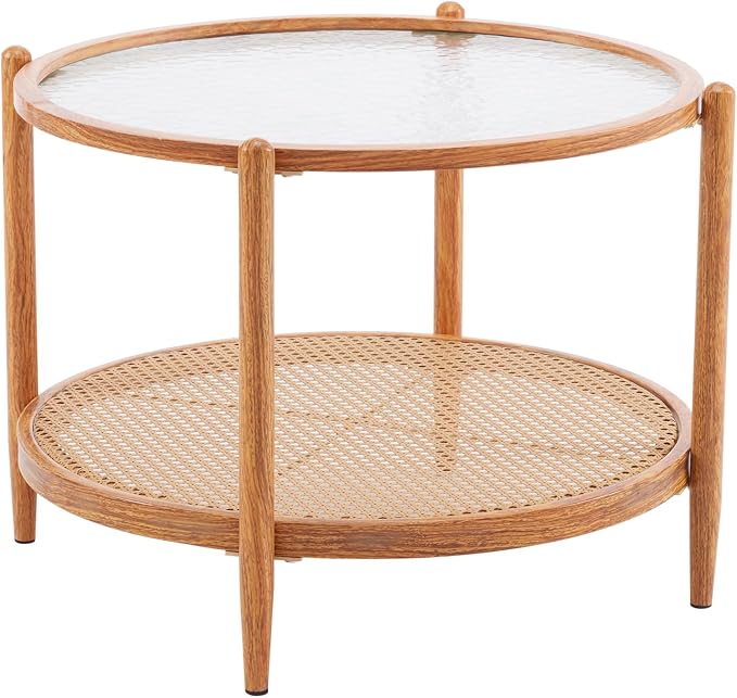 VINGLI 25.6" Rattan Coffee Table, Round Water-Wave Glass Metal Center Table - Image 9