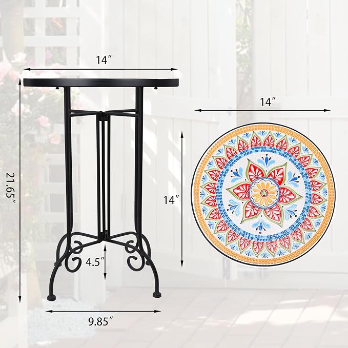 VCUTEKA Mosaic Outdoor Side Table, Round Rustproof Patio Tables - Image 3