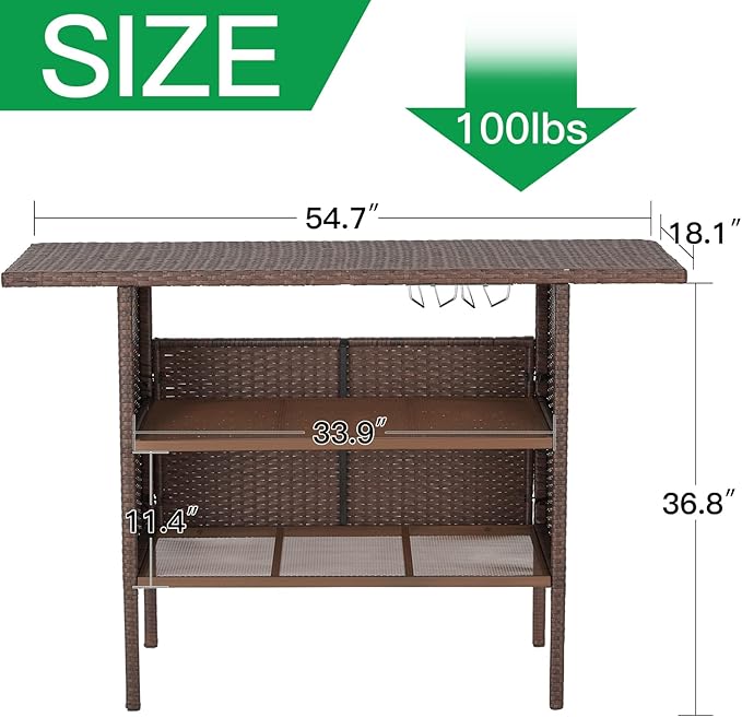 ECOTOUGE Patio Wicker Bar Table, Outdoor Rattan Counter Table - Image 3