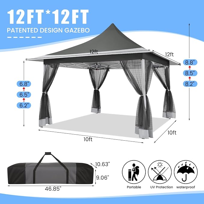 COBIZI 12x12 Pop up Canopy Gazebo on Clearance, Outdoor Canopy Tent - Image 3